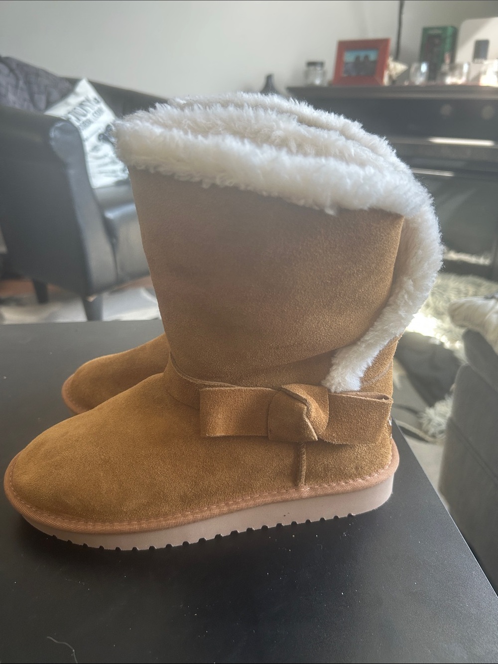Koolaburra Chestnut Suede Shearling Bow Back Boots